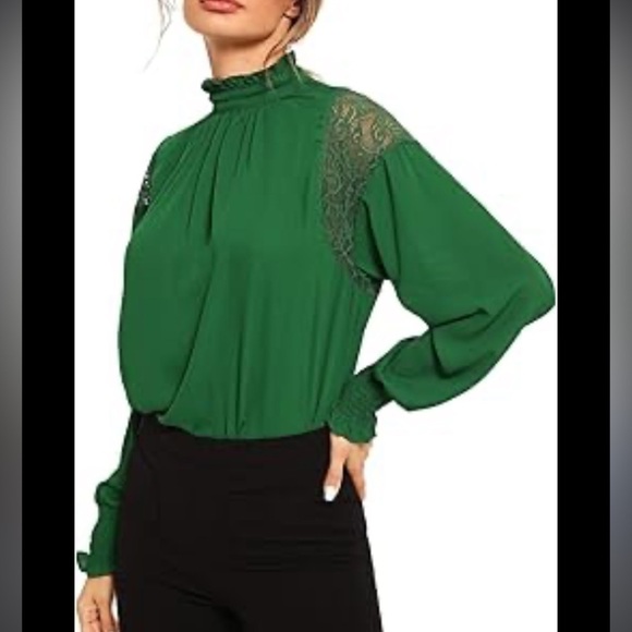 H&M Mock Neck Sheer Chiffon long sleeve Blouse green - Picture 3 of 10